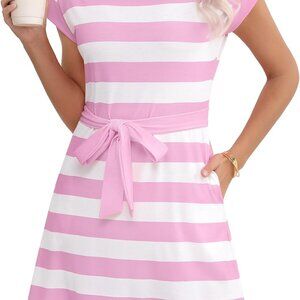 Women's Summer Striped T Shirt Dress Cap Sleeve A Line Pockets Casual